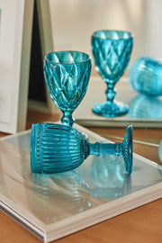 Vintage Crystal Coloured Footed Ribbed Wine Glass Big, Teal Blue