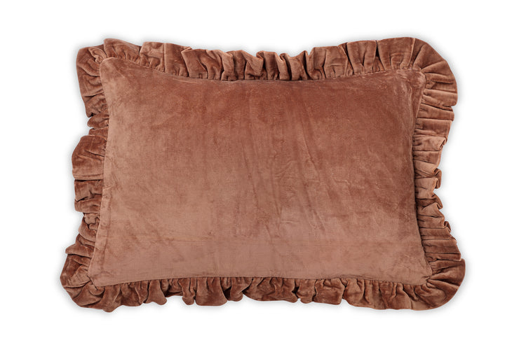 Solid Velvet Frilled Cushion, Mocha Brown 14x20 Inch