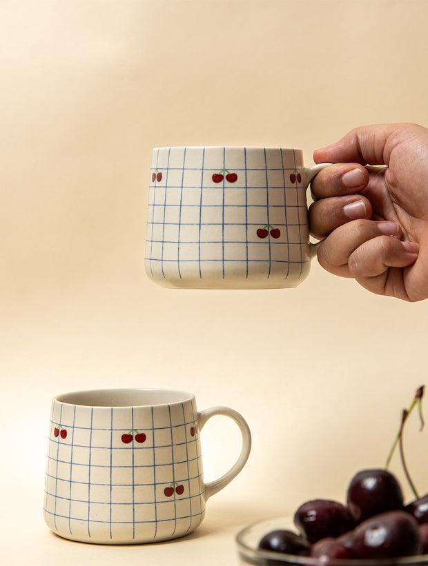 Cherry Checkered Ceramic Mug - 3.5 x 3 Inches