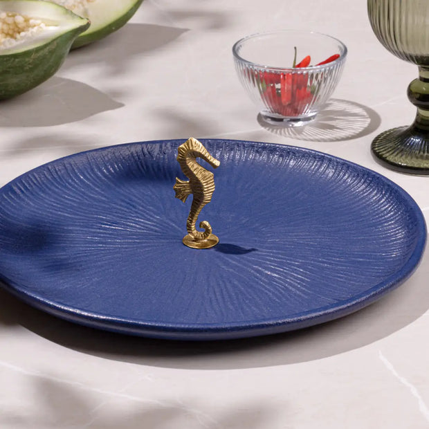 Mirissa Brass & Ceramic Platter -Blue , 9.44 x 0.98 Inches