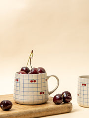 Cherry Checkered Ceramic Mug - 3.5 x 3 Inches