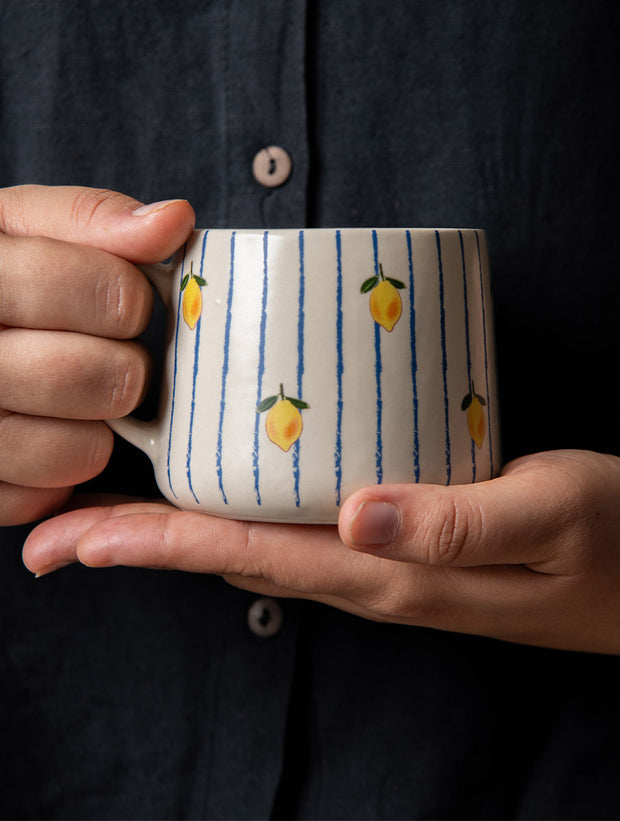 Lemon Striped Ceramic Mug - 3.5 x 3 Inches