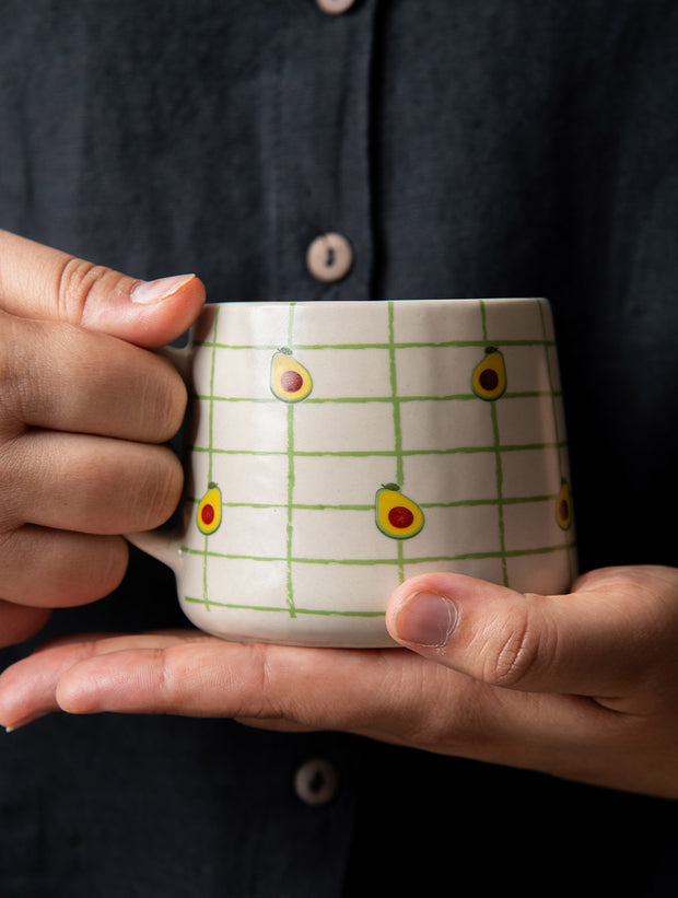 Avocado Checkered Ceramic Mug - 3.5 x 3 Inches