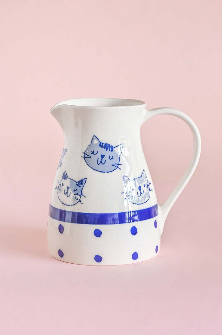 Kitten Summer Pitcher- White  & Blue , 7 x 4 Inches