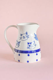 Kitten Summer Pitcher- White  & Blue , 7 x 4 Inches