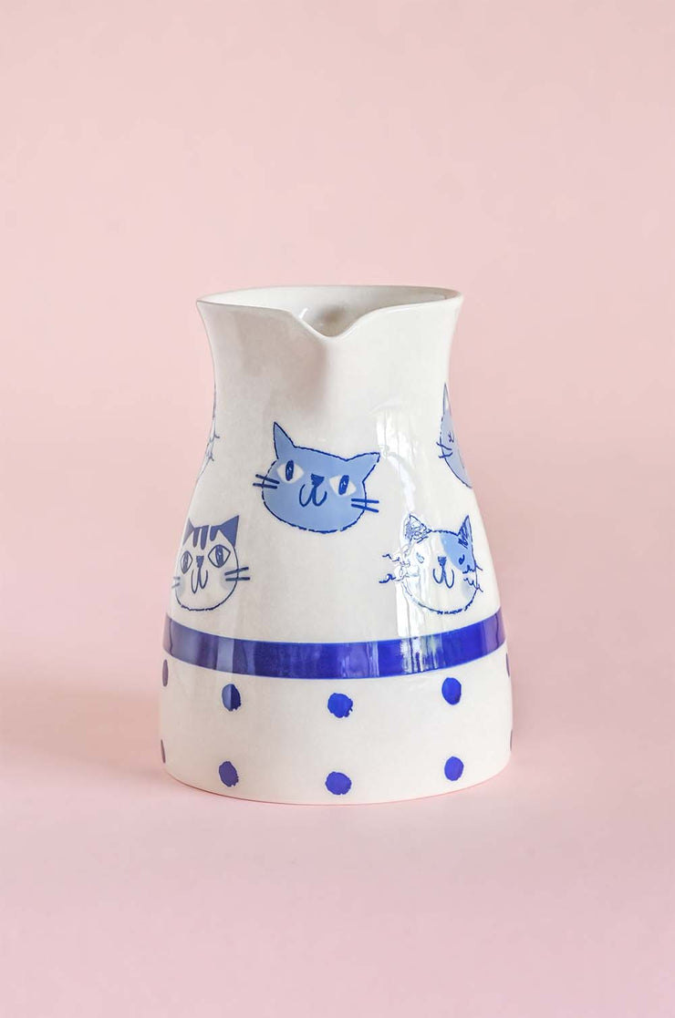 Kitten Summer Pitcher- White  & Blue , 7 x 4 Inches