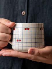 Cherry Checkered Ceramic Mug - 3.5 x 3 Inches