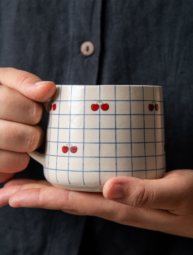 Cherry Checkered Ceramic Mug - 3.5 x 3 Inches