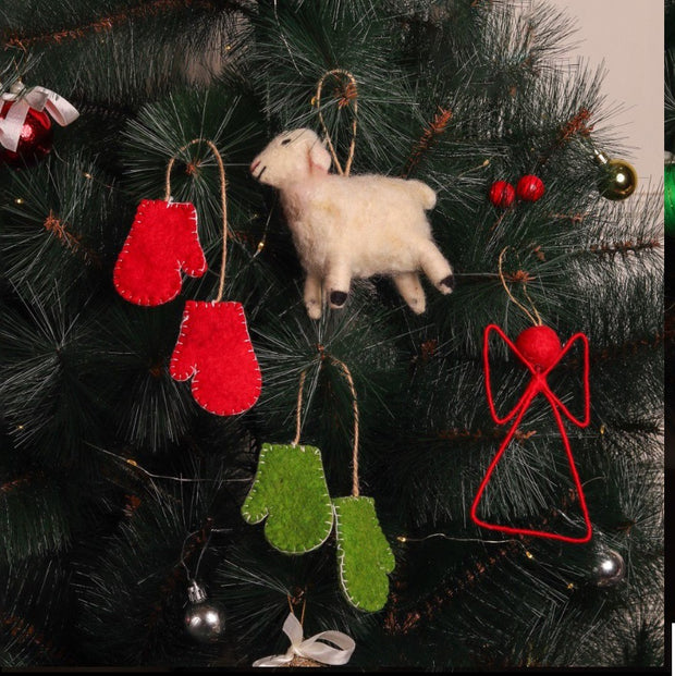Christmas Hanging Felt Ornaments (Bethlehem Sheep + Angel + 2 Mittens)