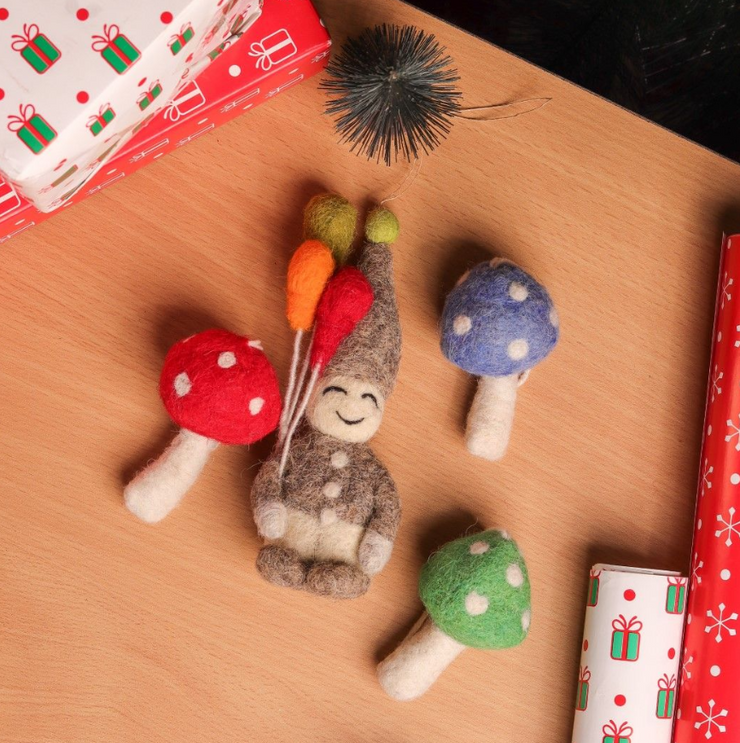 Christmas Hanging Felt Ornaments (Elf and 3 Mushrooms)