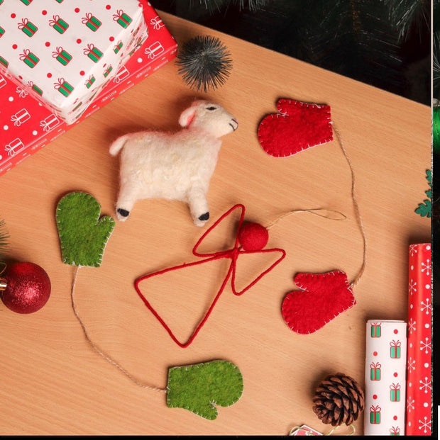 Christmas Hanging Felt Ornaments (Bethlehem Sheep + Angel + 2 Mittens)