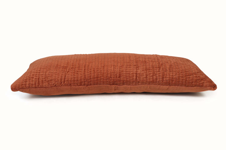 Velvet Kantha Handmade Lumbar Pillow Rust -12x30