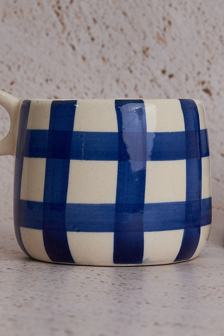 Ghingham Checkered  Coffee Mug, Blue - 3 X 3 Inches