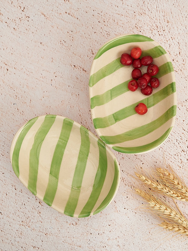 Ceramic stripe Bowl, Green  7x5x2 Inches