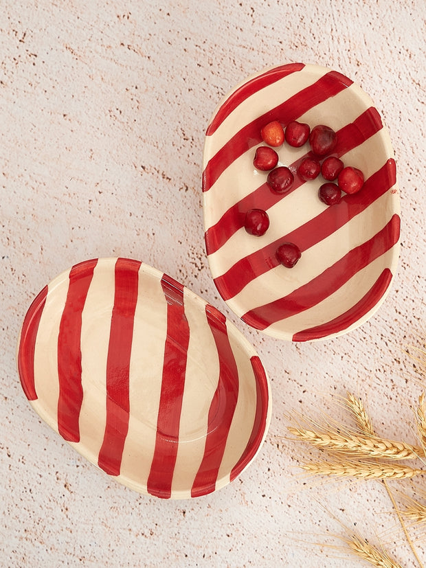 Ceramic stripe  Bowl, Red  7x5x2 Inches