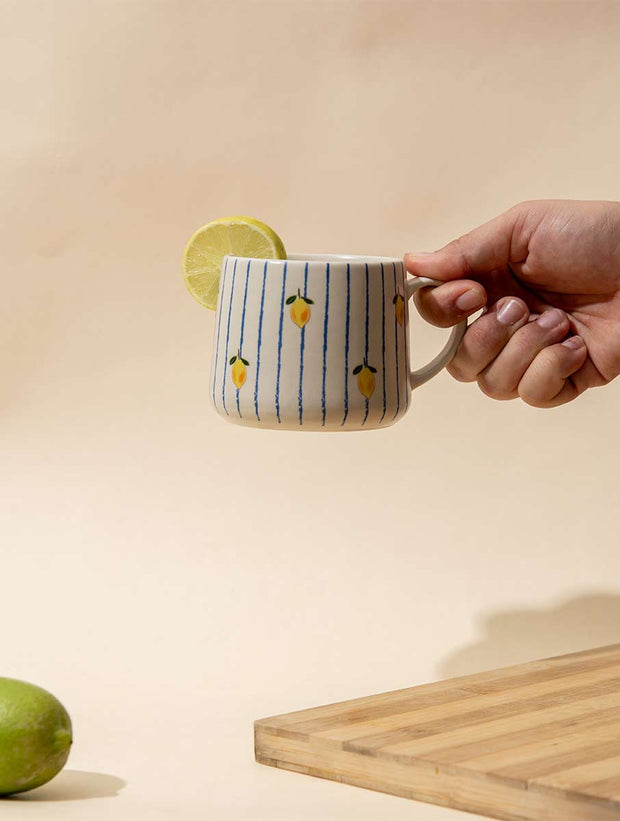 Lemon Striped Ceramic Mug - 3.5 x 3 Inches