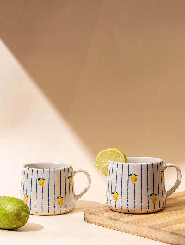 Lemon Striped Ceramic Mug - 3.5 x 3 Inches