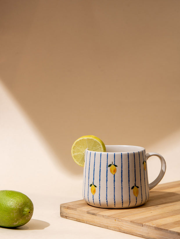Lemon Striped Ceramic Mug - 3.5 x 3 Inches