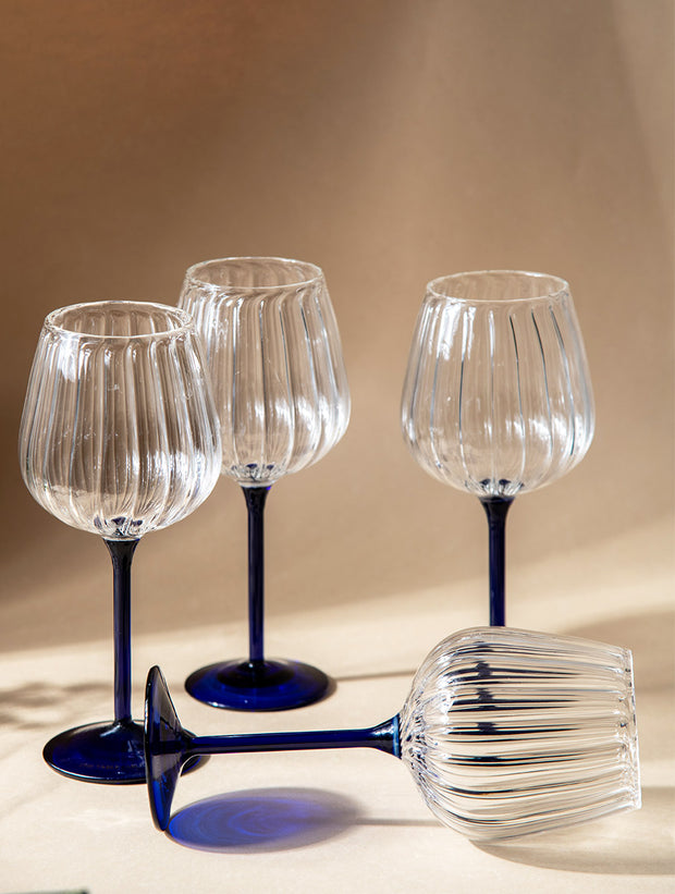 Ribbed Goblet Wine Glass -Blue ,  2.5 x 4 x 8 Inches