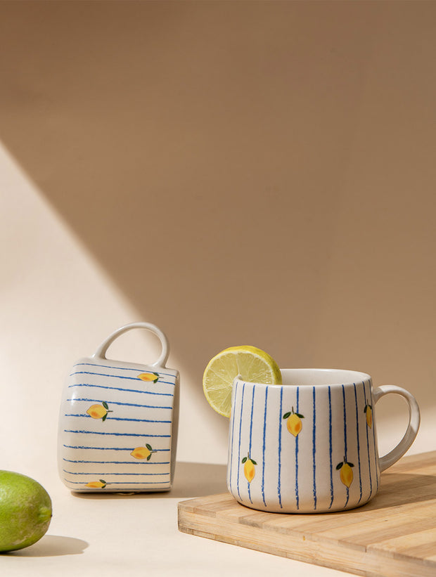 Lemon Striped Ceramic Mug - 3.5 x 3 Inches