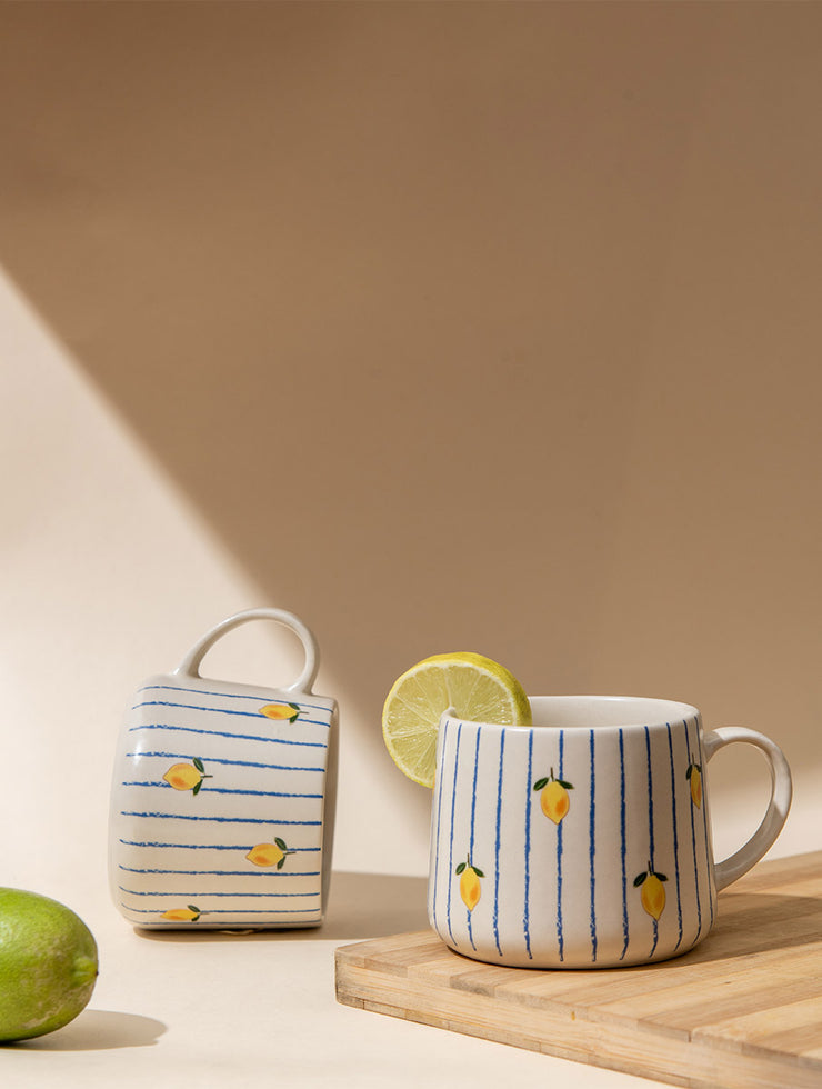 Lemon Striped Ceramic Mug - 3.5 x 3 Inches