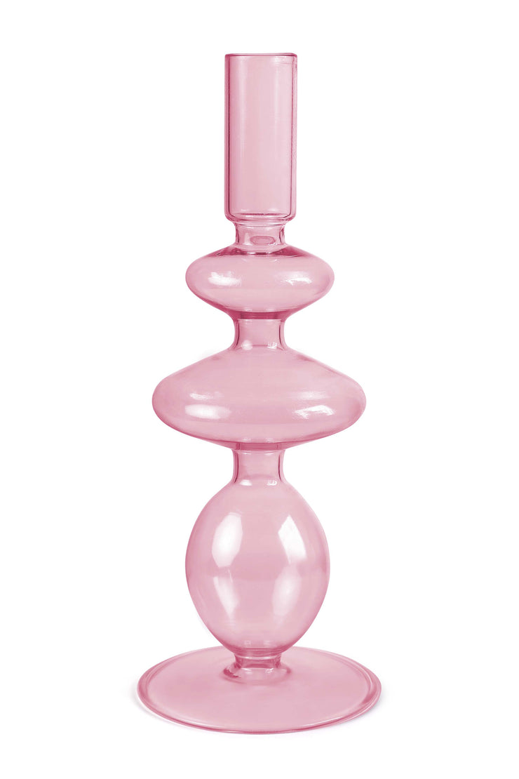 Retro Wavy Tall  Glass Candle Holder- Pink 12x3.5 Inches