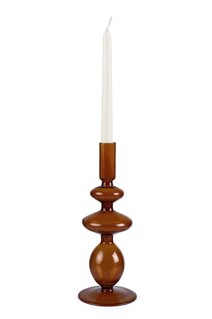 Retro Wavy Tall  Glass Candle Holder- Brown 12x3.5 Inches