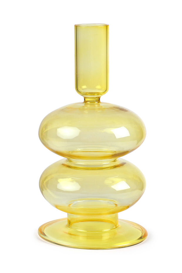 Retro Wavy Glass Candle Holder- 7 x3.5 Inches Honey