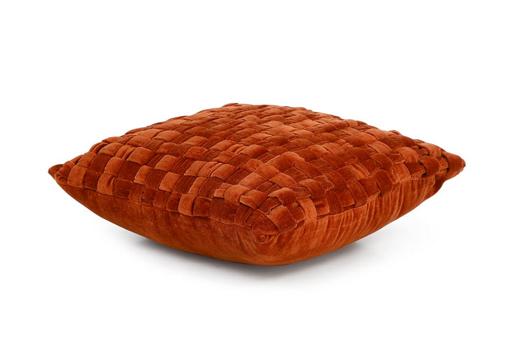 Checked Hand Woven Velvet Square Cushion Rust 18x18 Inches