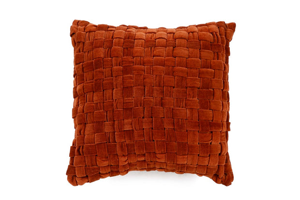 Checked Hand Woven Velvet Square Cushion Rust 18x18 Inches