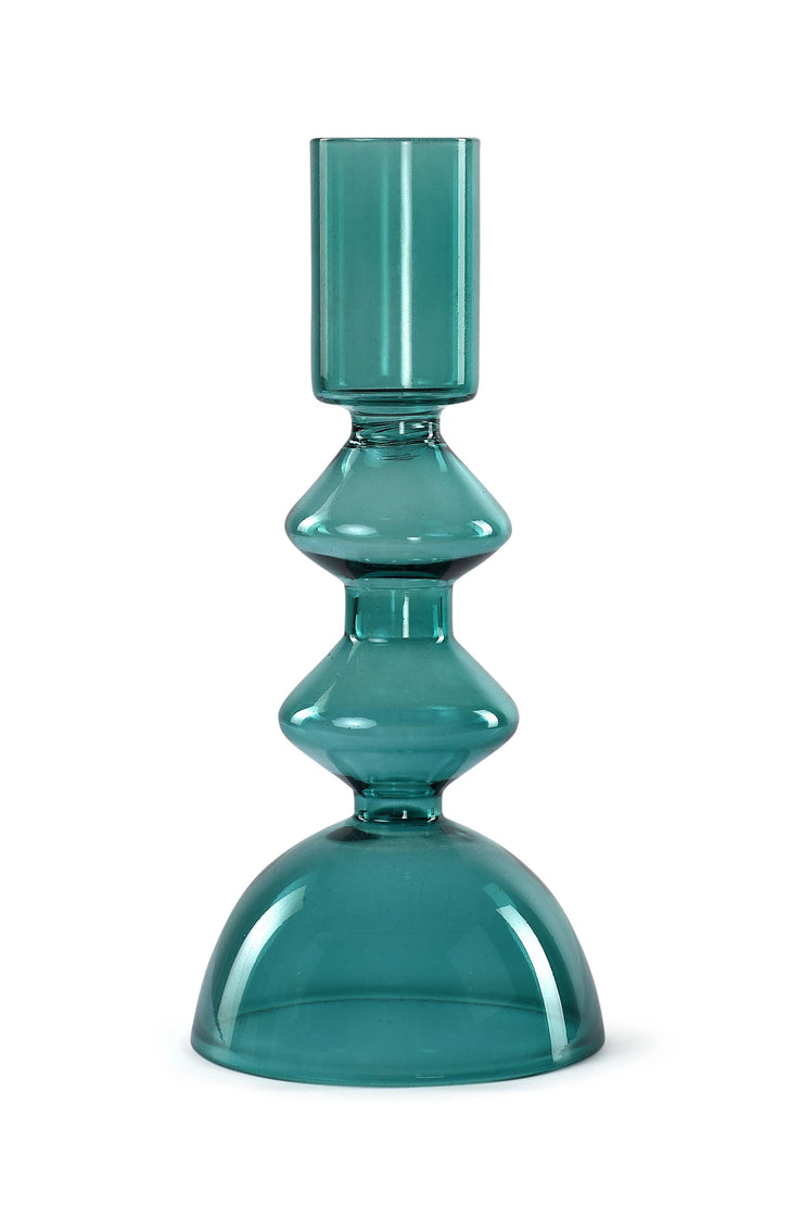 Retro Glass Candle Stick Holder- 6 x 2.5 Inches_ Teal