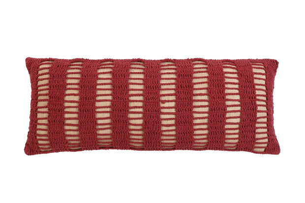 Tarika Lines Lumbar Crochet Pillow, Wine Red- 12 x 30 Inch