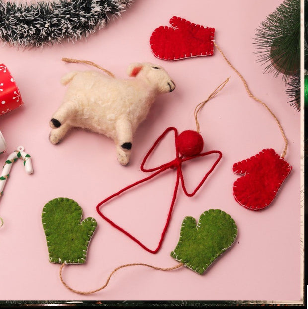 Christmas Hanging Felt Ornaments (Bethlehem Sheep + Angel + 2 Mittens)