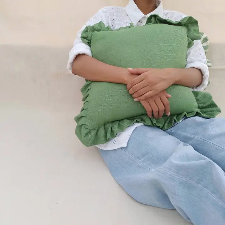 Slate Ruffle Cushion Cover, 16x16 Inches-Green