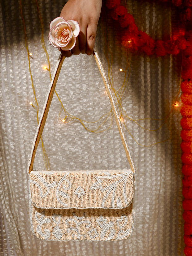 Beige Bloom Beaded Purse - 7.5 x 5 Inches