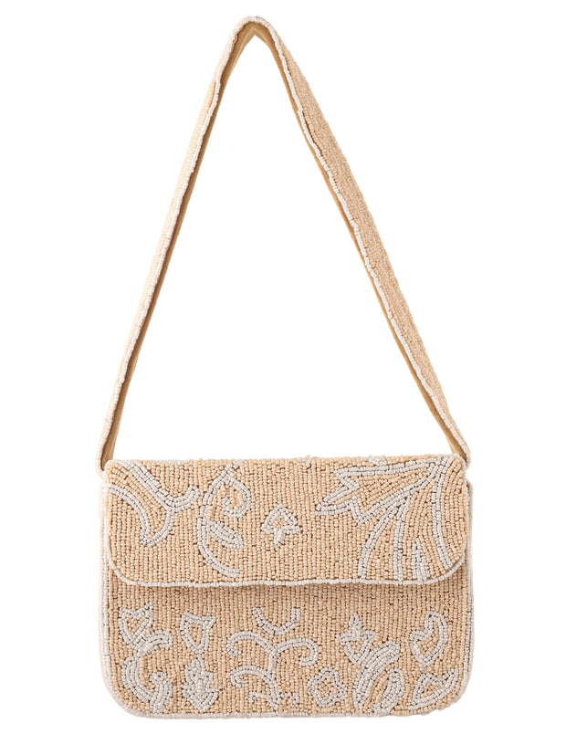 Beige Bloom Beaded Purse - 7.5 x 5 Inches