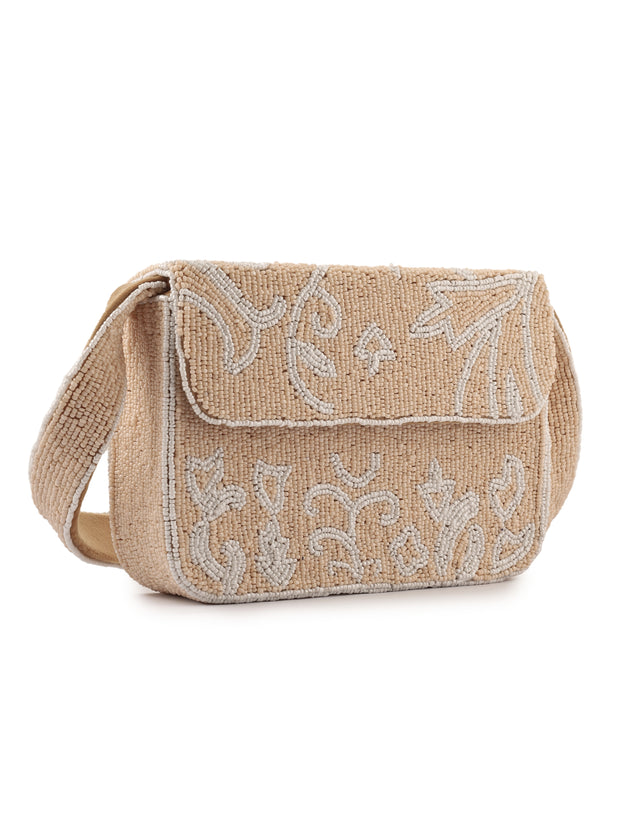 Beige Bloom Beaded Purse - 7.5 x 5 Inches