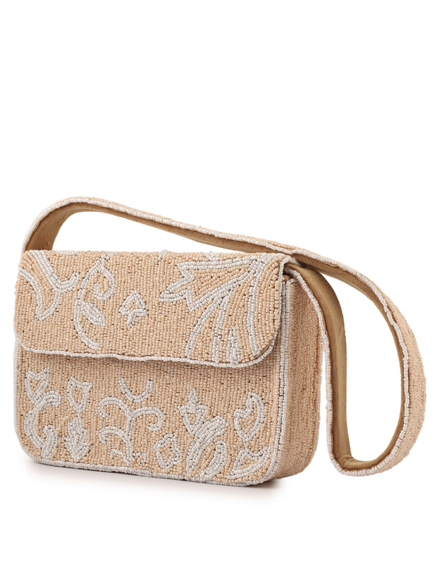 Beige Bloom Beaded Purse - 7.5 x 5 Inches