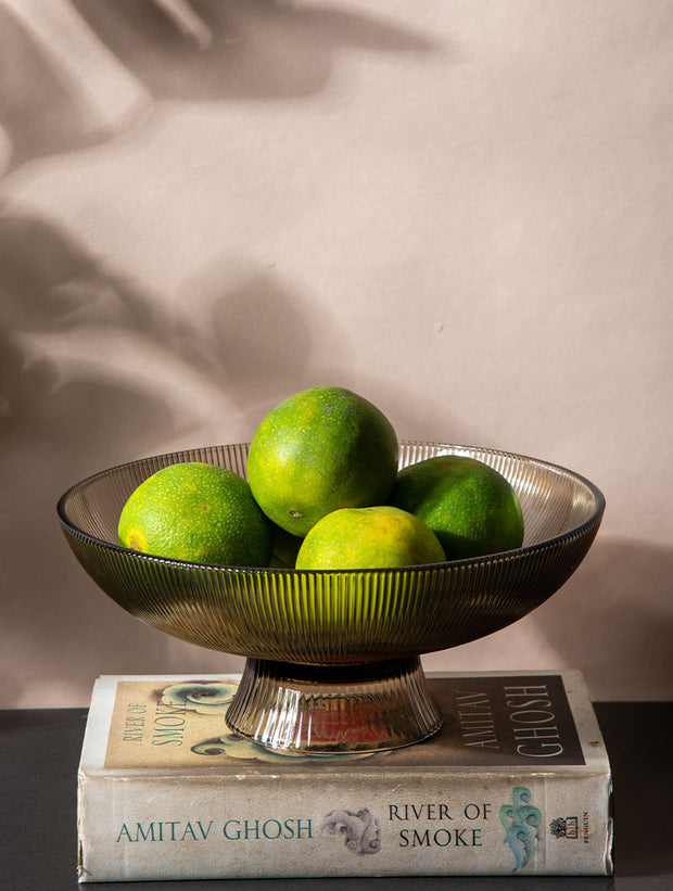 Ribbed Glass Bowl, Brown -10 x 10 x 5 Inches