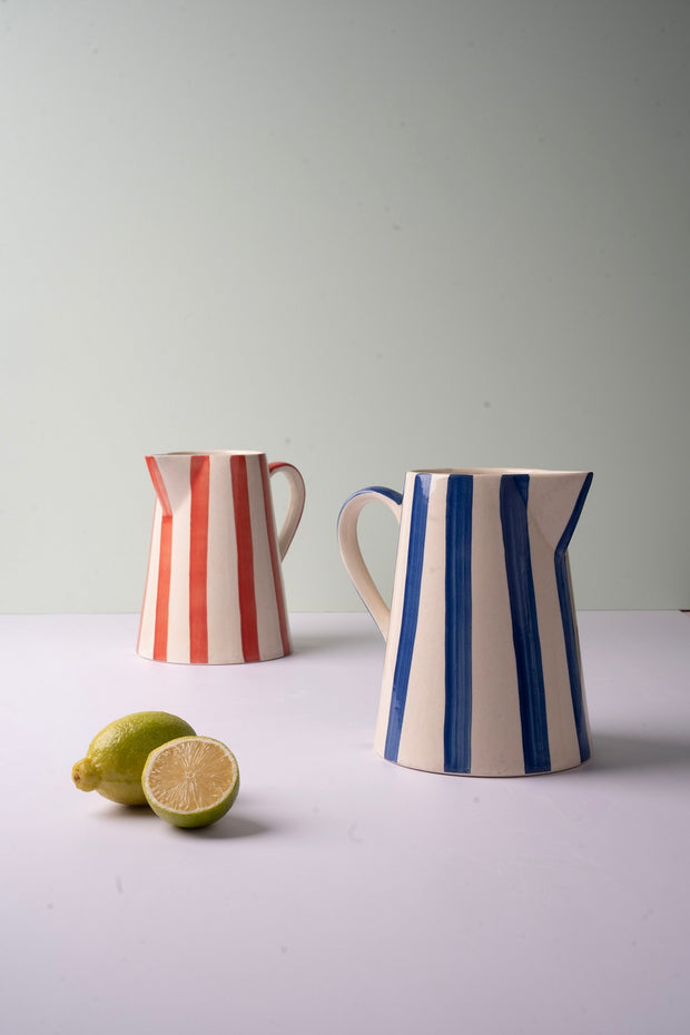 Ceramic Stripe Pitcher, Red- 8.25x8.25x8 Inches