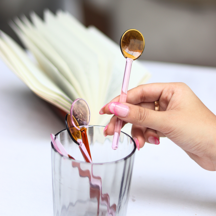 Glass Spoons Pink- Amber - 4.9 x 1 Inches