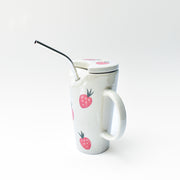Strawberry Ceramic Tumbler With Straw - 6 x 2.7 Inches , 8.45 oz