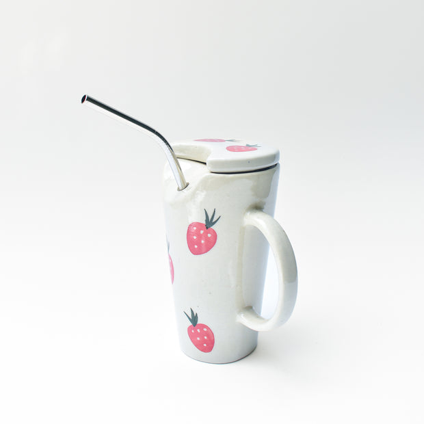 Strawberry Ceramic Tumbler With Straw - 6 x 2.7 Inches , 8.45 oz