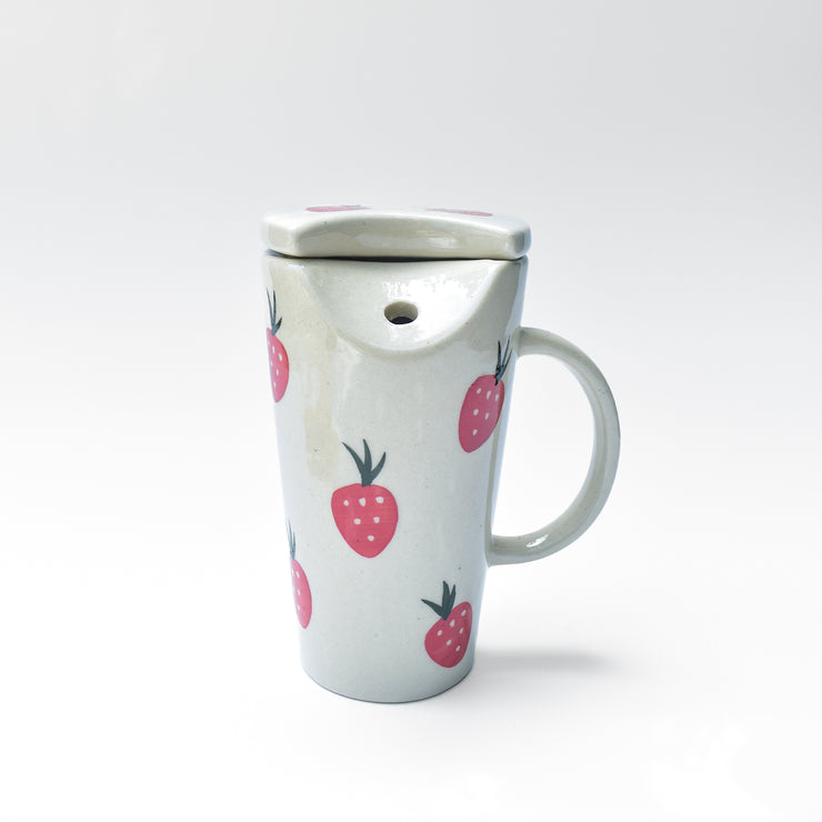 Strawberry Ceramic Tumbler With Straw - 6 x 2.7 Inches , 8.45 oz