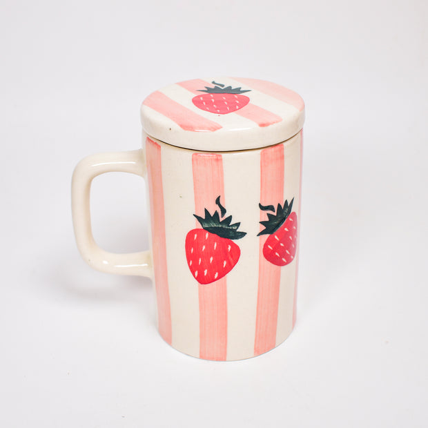 Strawberry Stripe Mug With Lid - 5 x 3 Inches