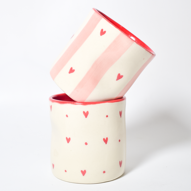 Striped Hearts Ceramic Tumbler - 3.5 x 3 inches