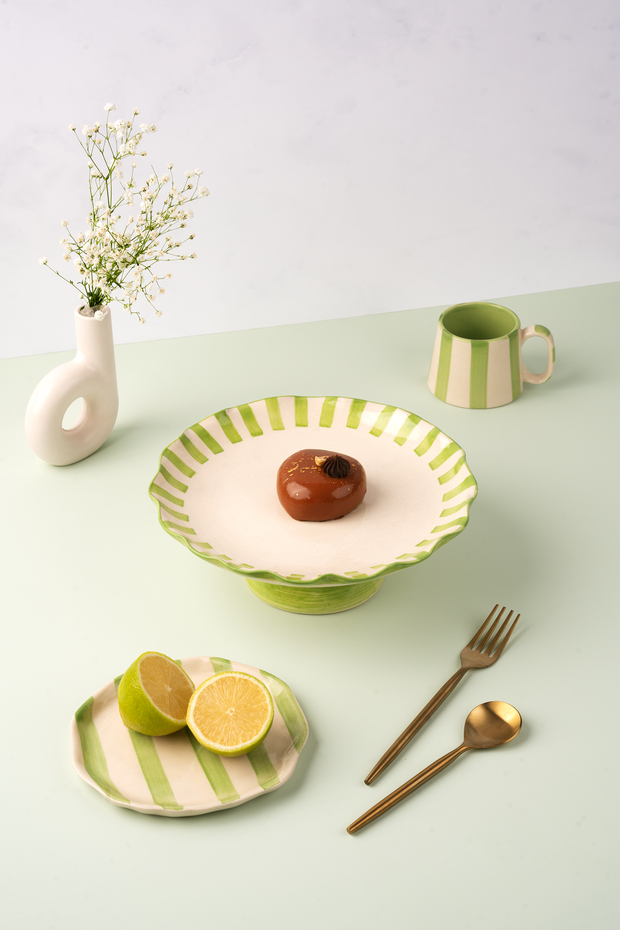 Ceramic Stripe Cake Stand,  Green -10 x 10 x 3.75 Inches