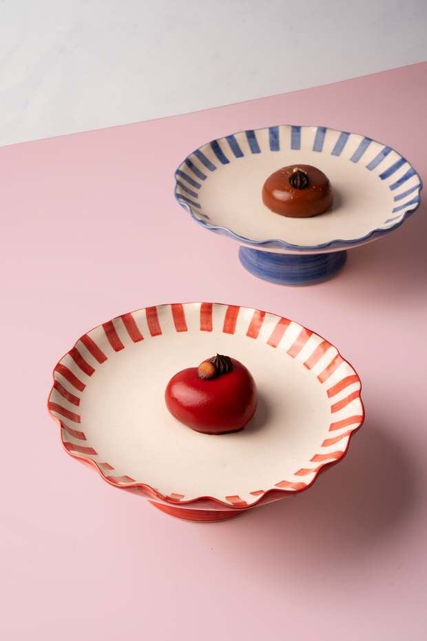 Ceramic Stripe Cake Stand, Blue-  10 x 10 x 3.75 Inches