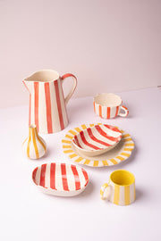 Ceramic Stripe Pitcher, Red- 8.25x8.25x8 Inches