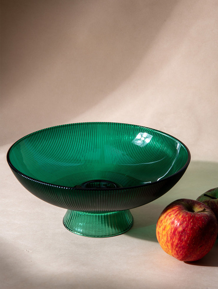 Ribbed Glass Bowl, Green -10 x 10 x 5 Inches